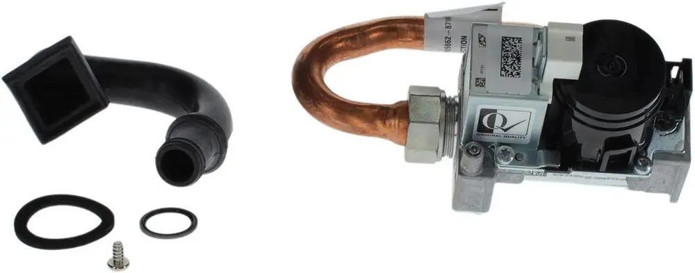 Bosch Gasarmatur mit Kupferrohr und Kunststoffanschluss, ergänzt durch O-Ringe und eine Schraube für die Montage.